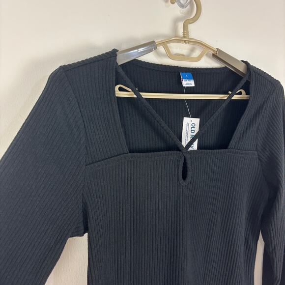 Old Navy Fitted Long-Sleeve Strappy Keyhole Top NEW Large Black Ribbed 745101 - Picture 4 of 9